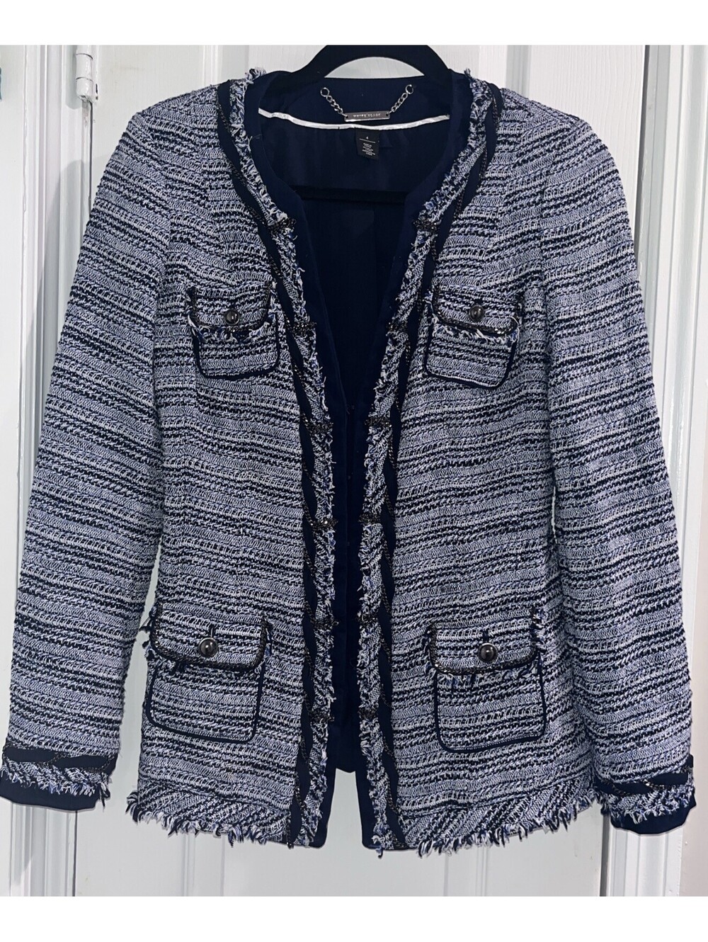 White House Black Market Blazer Blue Tweed Fringe Chain Embellished Size 4